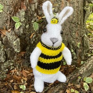 Hand crafted knit and needle felted honey bee bunny artisan one of a kind
